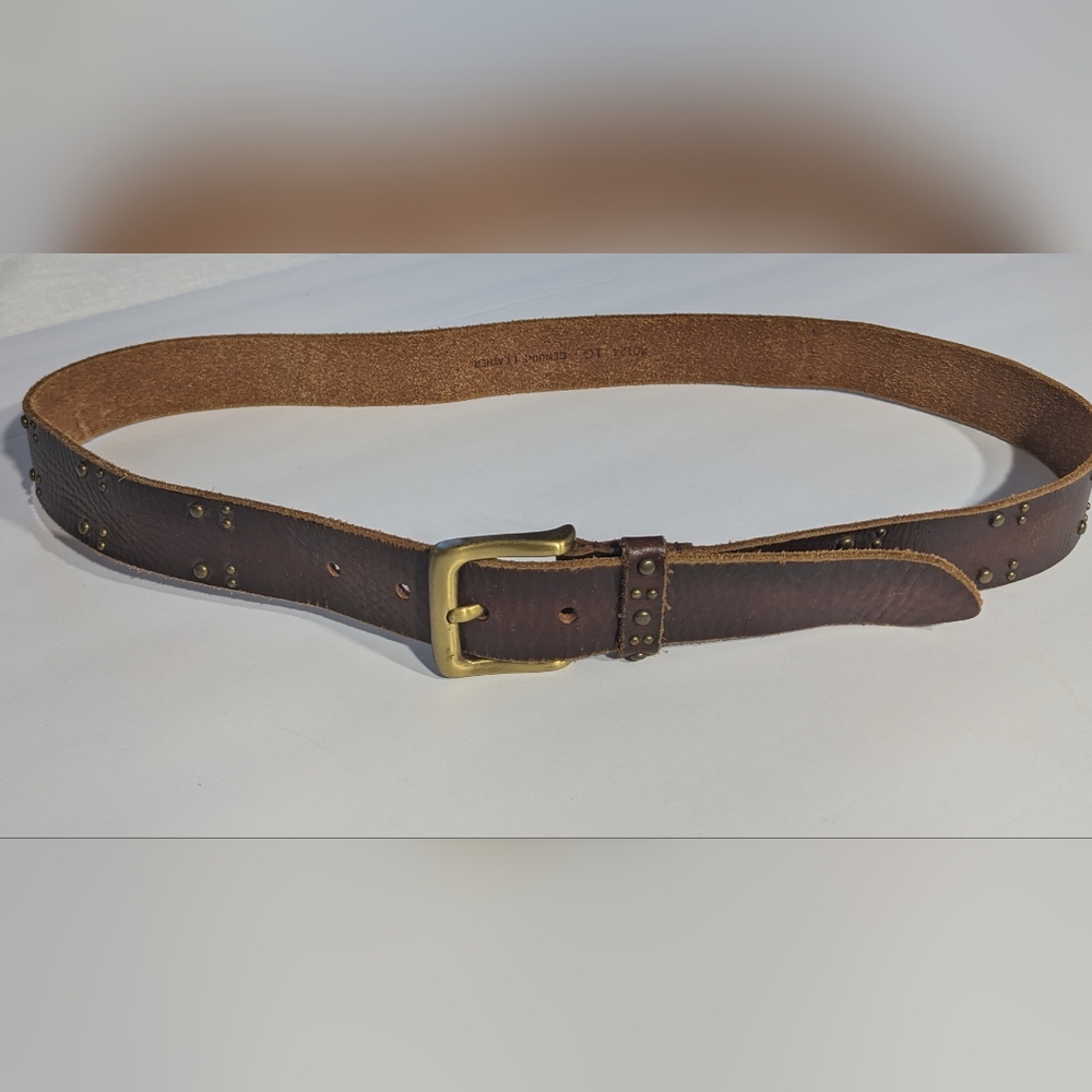Brown Leather Belt, Brass Studded, Size Large
